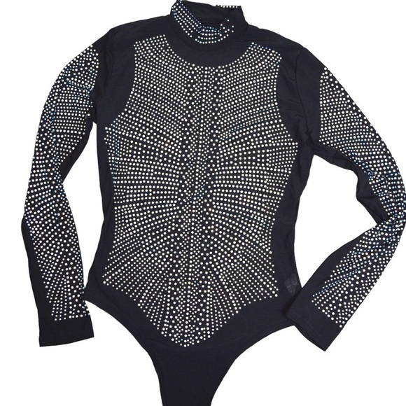 Rhinestone Studded Black Mesh Mock Neck Bodysuit - Size Large - Picture 2 of 8